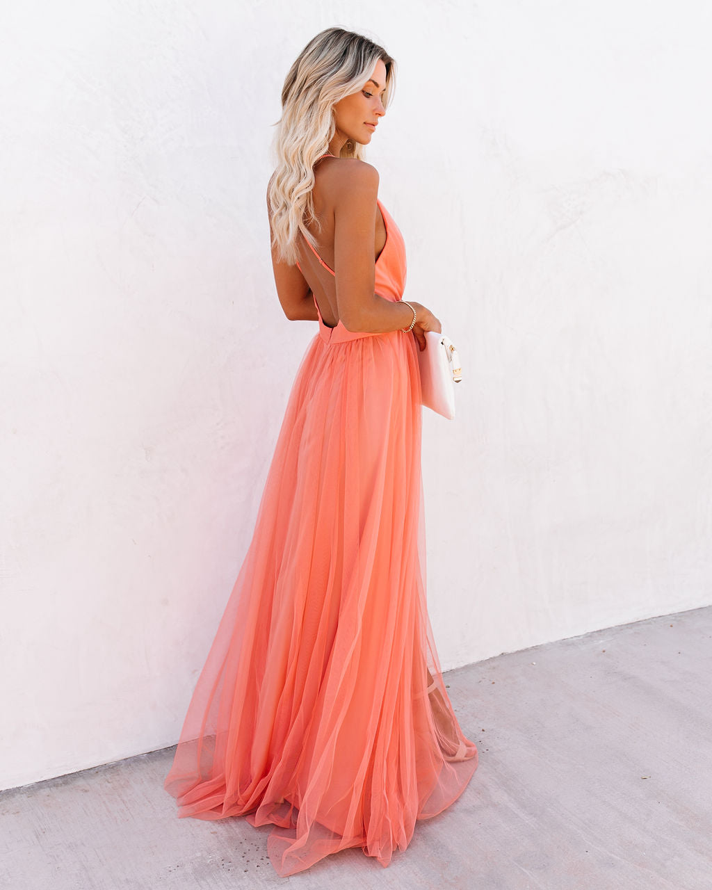 Tulle Plunge V-Neck Strappy Open Back Flowy Maxi Dress