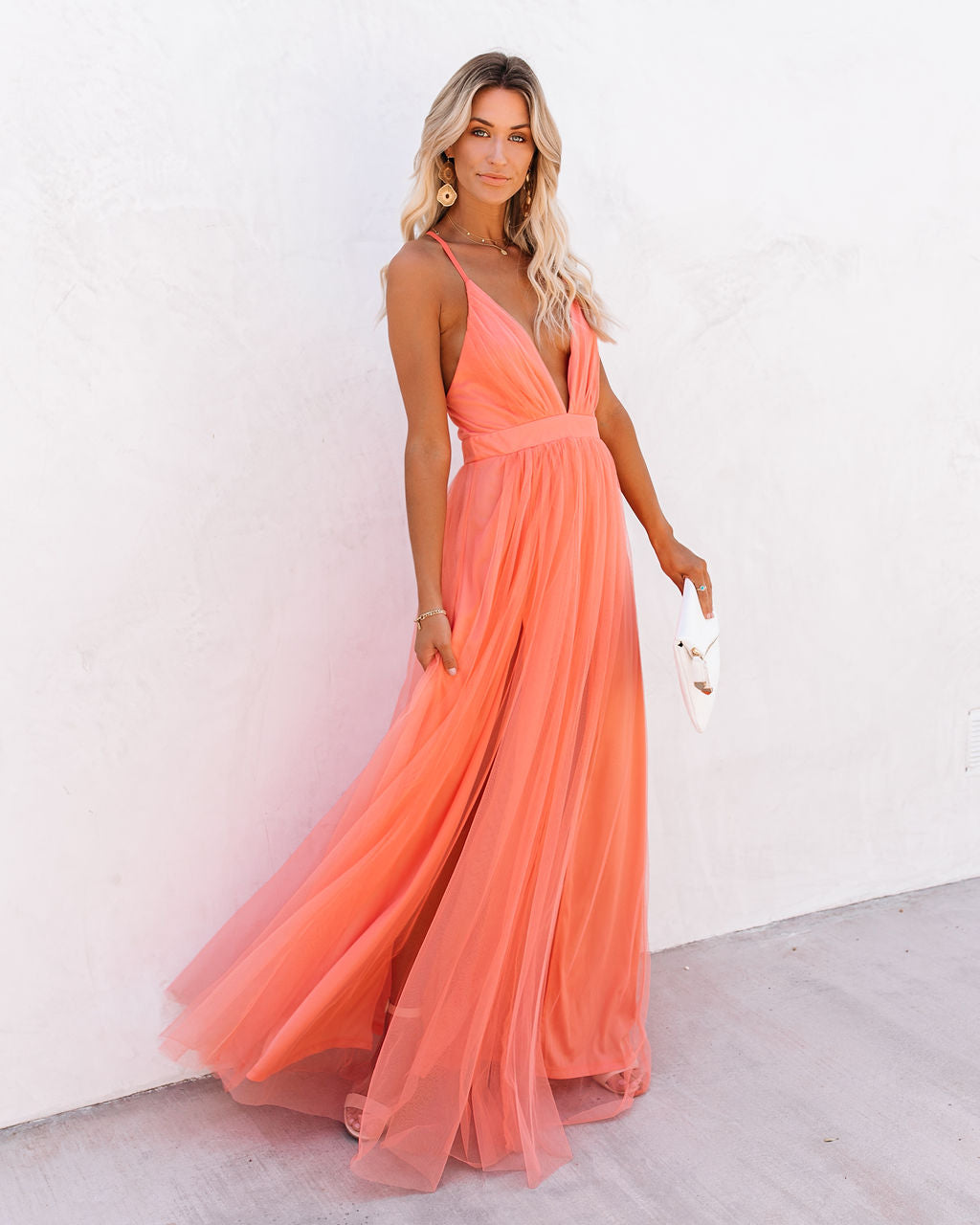 Tulle Plunge V-Neck Strappy Open Back Flowy Maxi Dress