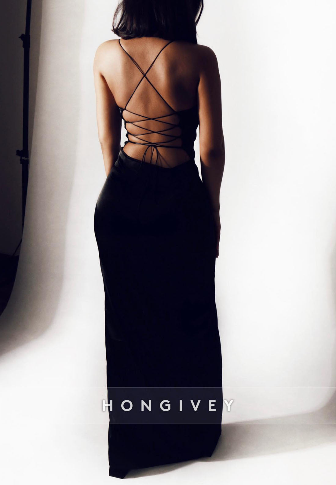 Crisscross Back Simple High Slit Spaghetti Straps Sleeveless Column Evening Gown