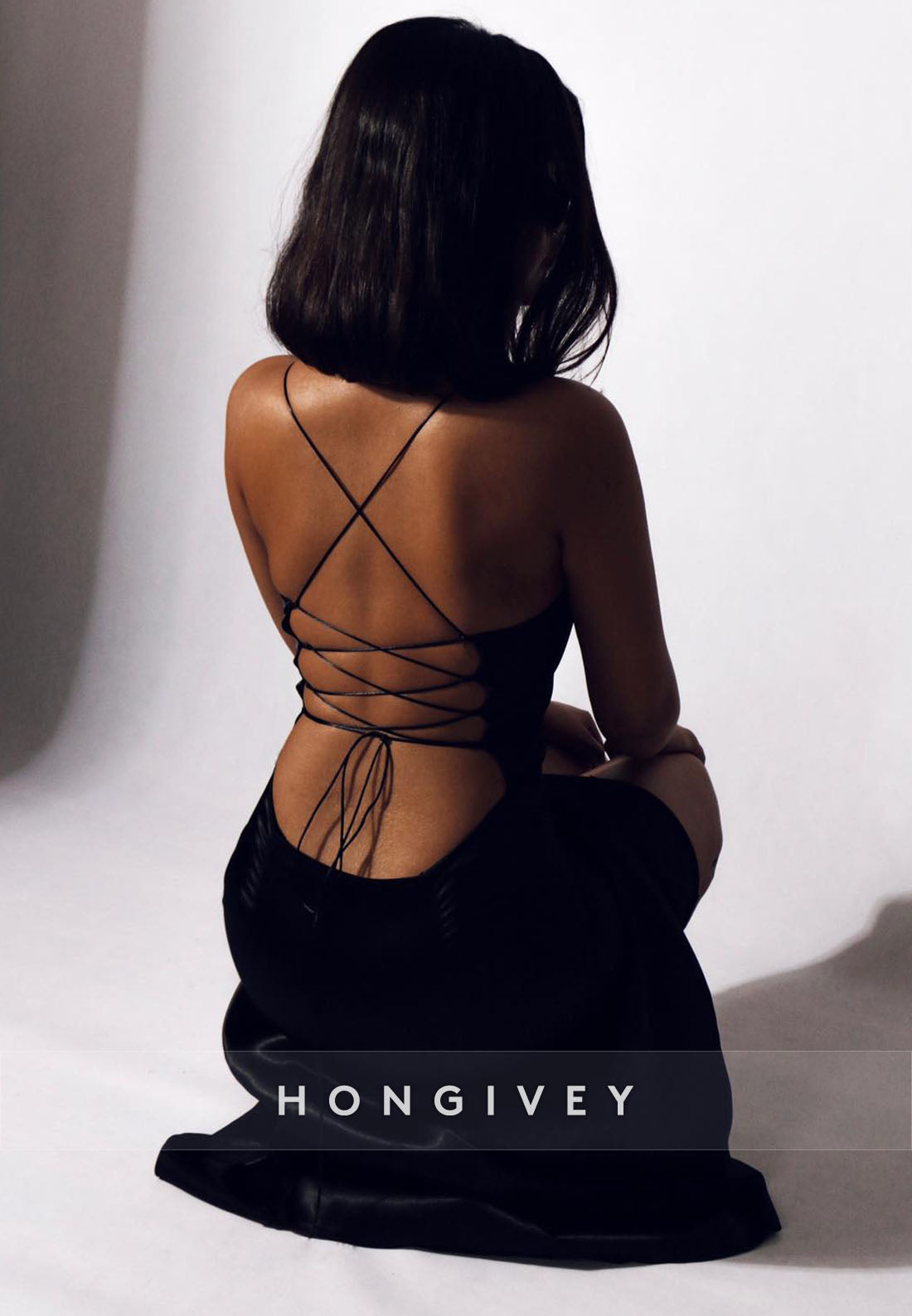 Crisscross Back Simple High Slit Spaghetti Straps Sleeveless Column Evening Gown