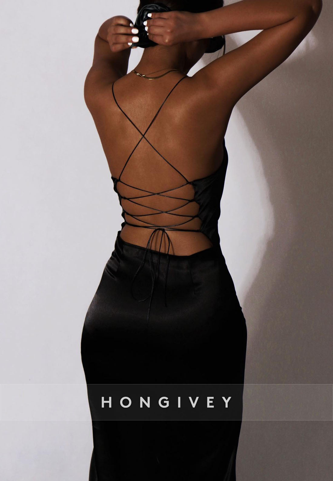 Crisscross Back Simple High Slit Spaghetti Straps Sleeveless Column Evening Gown