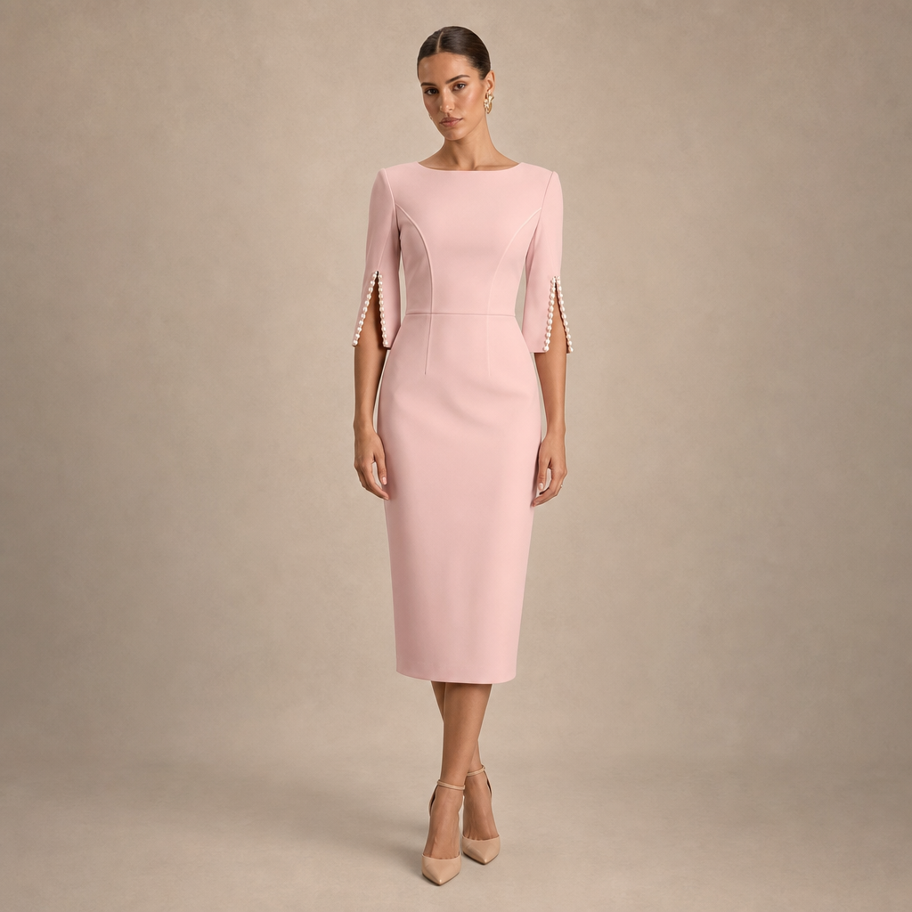 Boat Neck Pearl Split Sleeve Bodycon Midi Dress 4