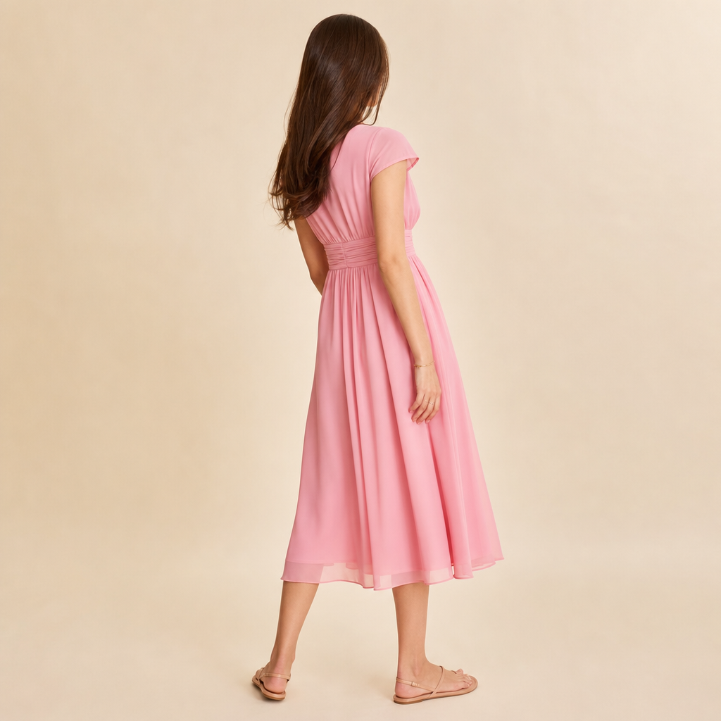 V-Neck Cap Sleeve Ruched Waist Chiffon Midi Dress 6