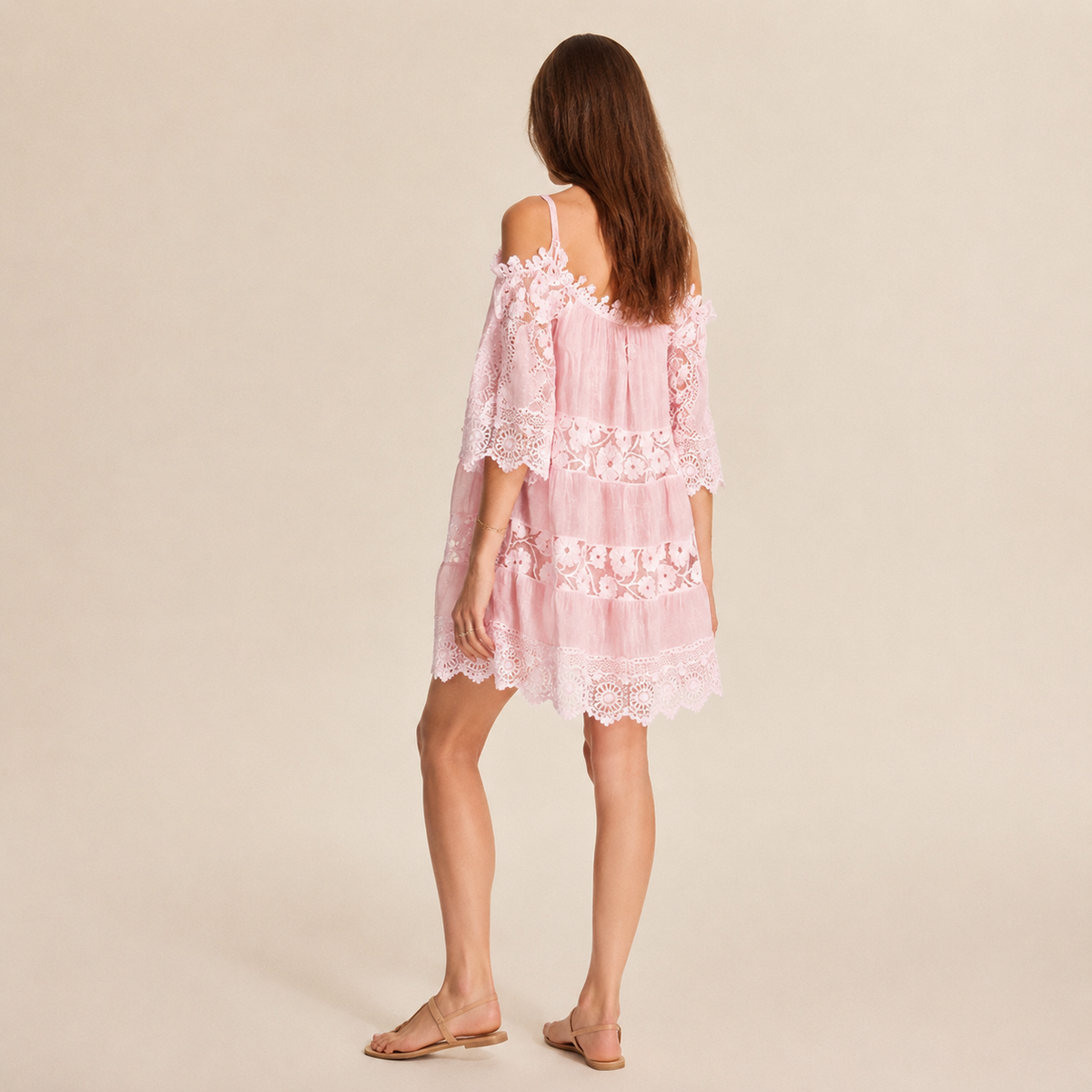 Off Shoulder Crochet Lace Tiered Mini Beach Dress 15
