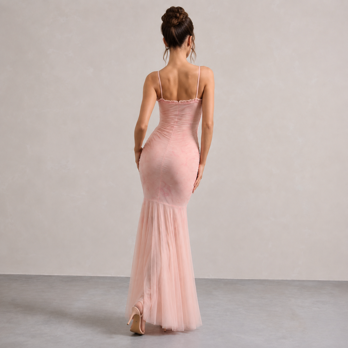 Mesh Spaghetti Strap Ruched Fishtail Maxi Dress 3
