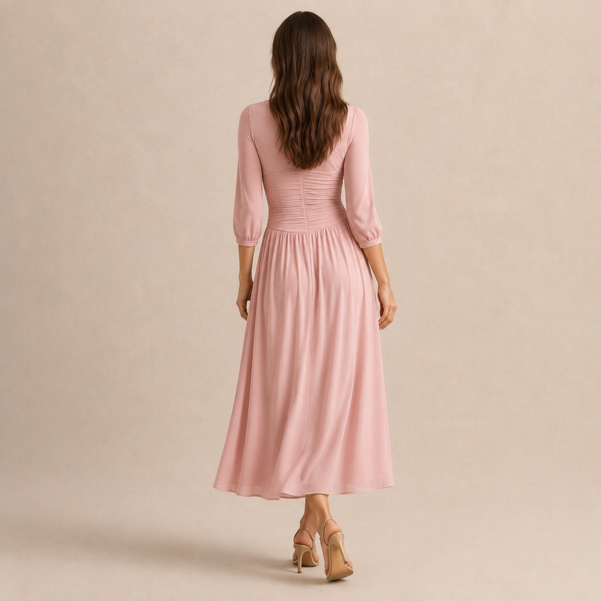 V-Neck Mesh Sleeve Tie Front Ruched Midi Dress 6