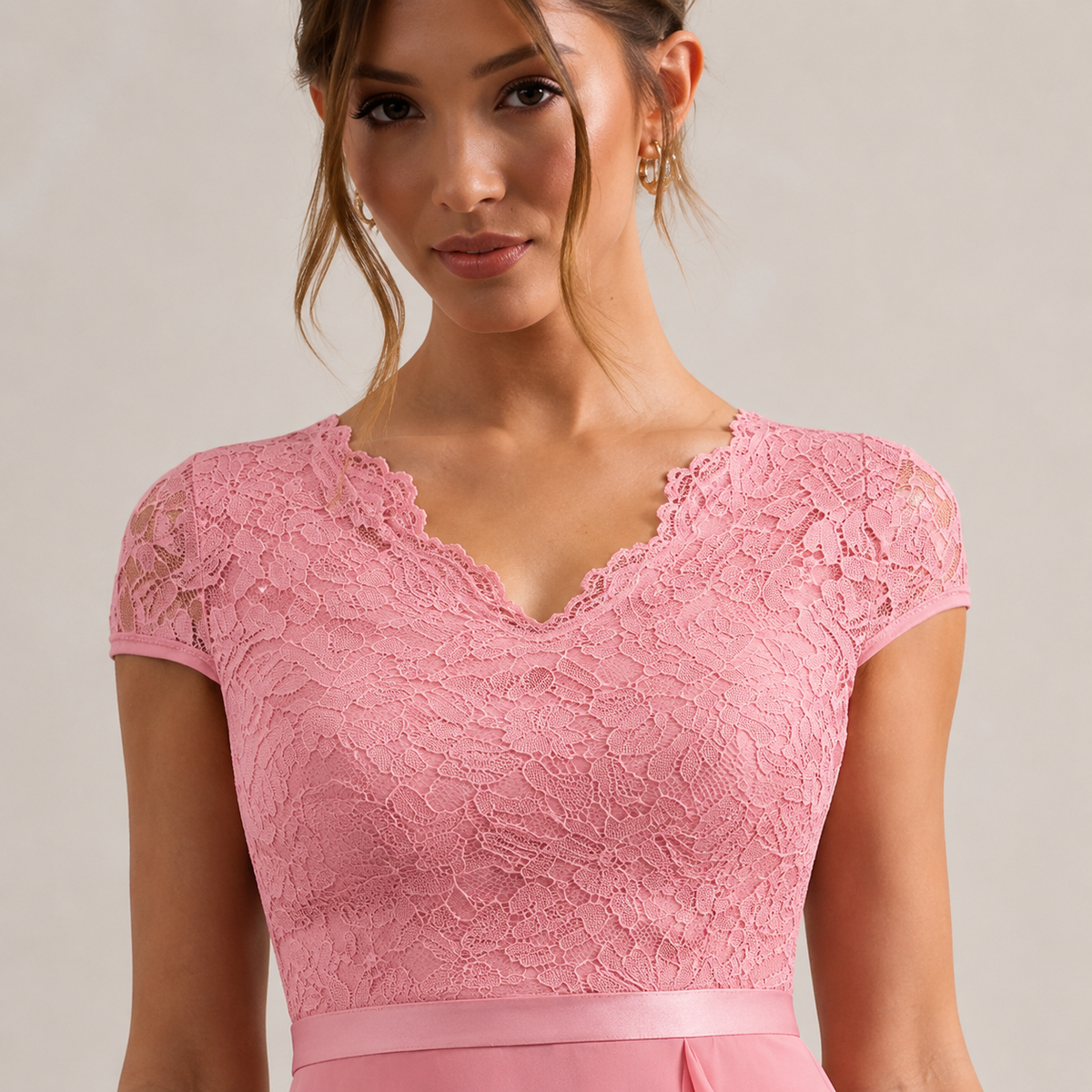 V-Neck Cap Sleeve Lace Bodice Ruffle High Low Midi Dress 14