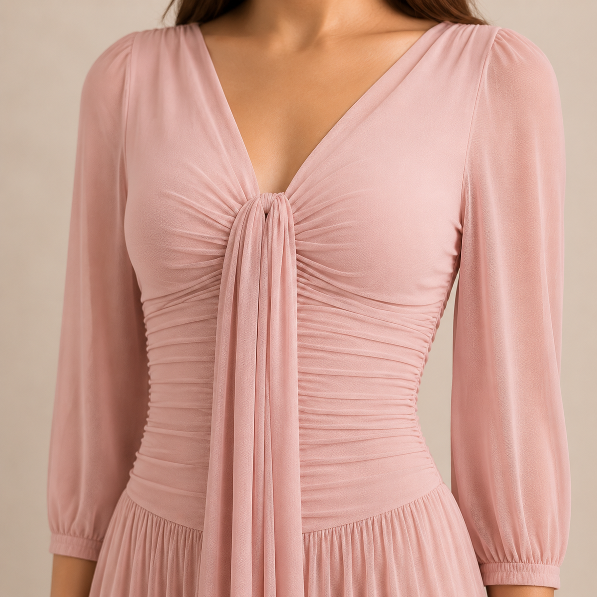 V-Neck Mesh Sleeve Tie Front Ruched Midi Dress 5