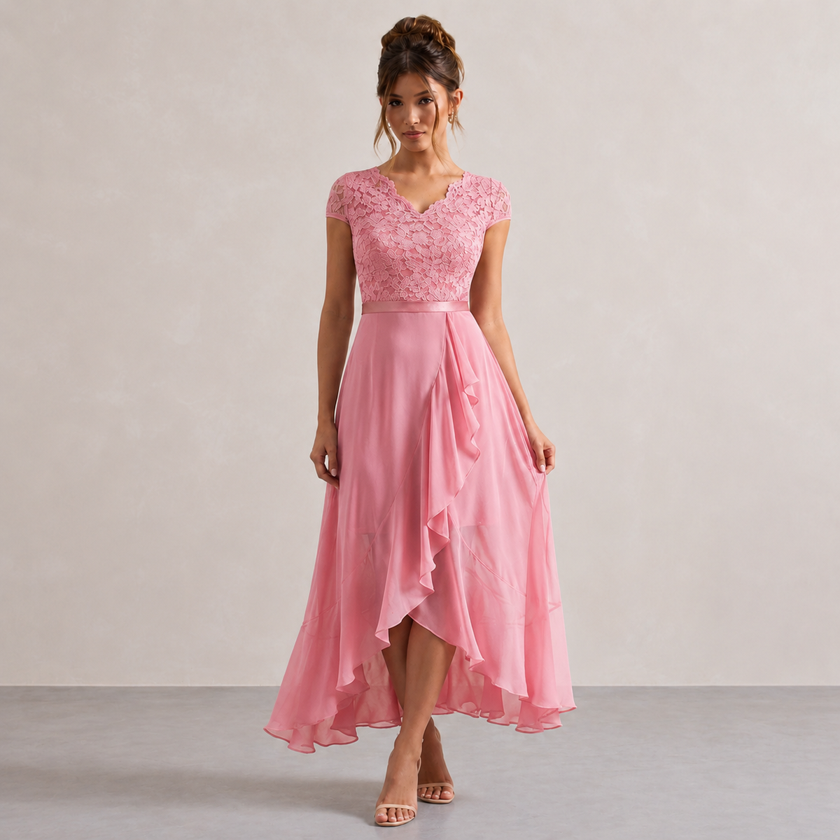 V-Neck Cap Sleeve Lace Bodice Ruffle High Low Midi Dress 13