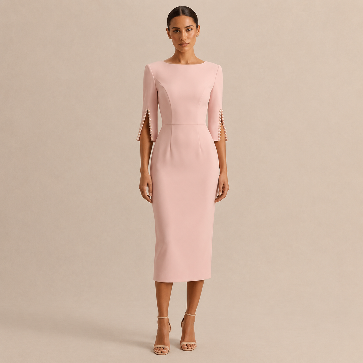 Boat Neck Pearl Split Sleeve Bodycon Midi Dress 7