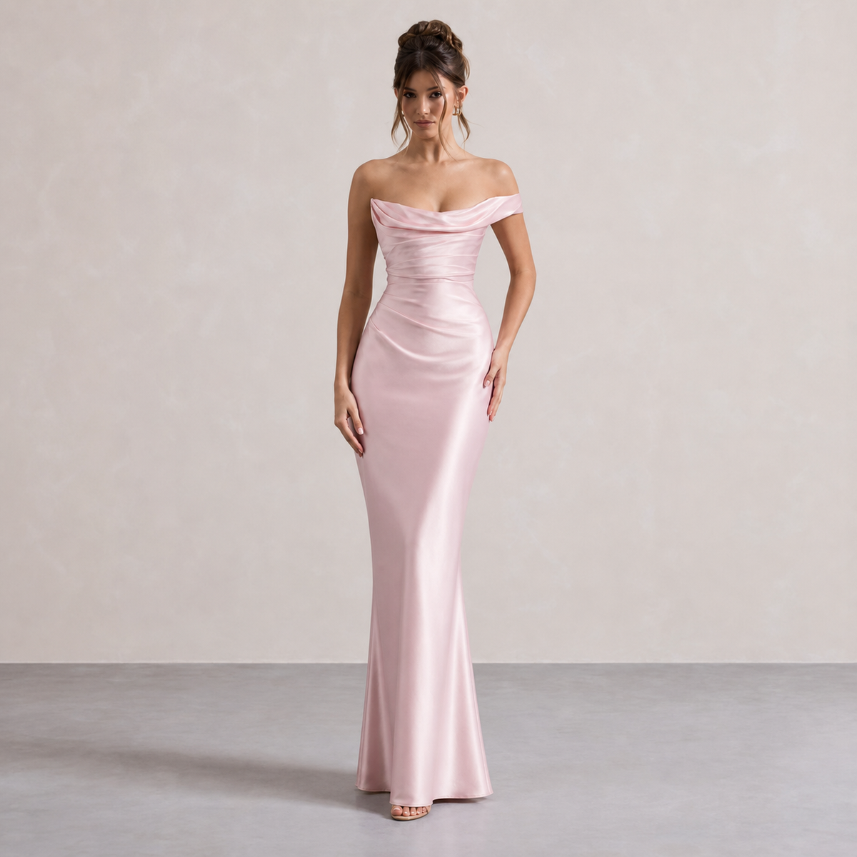Off Shoulder Ruched Satin Fishtail Maxi Gown 4
