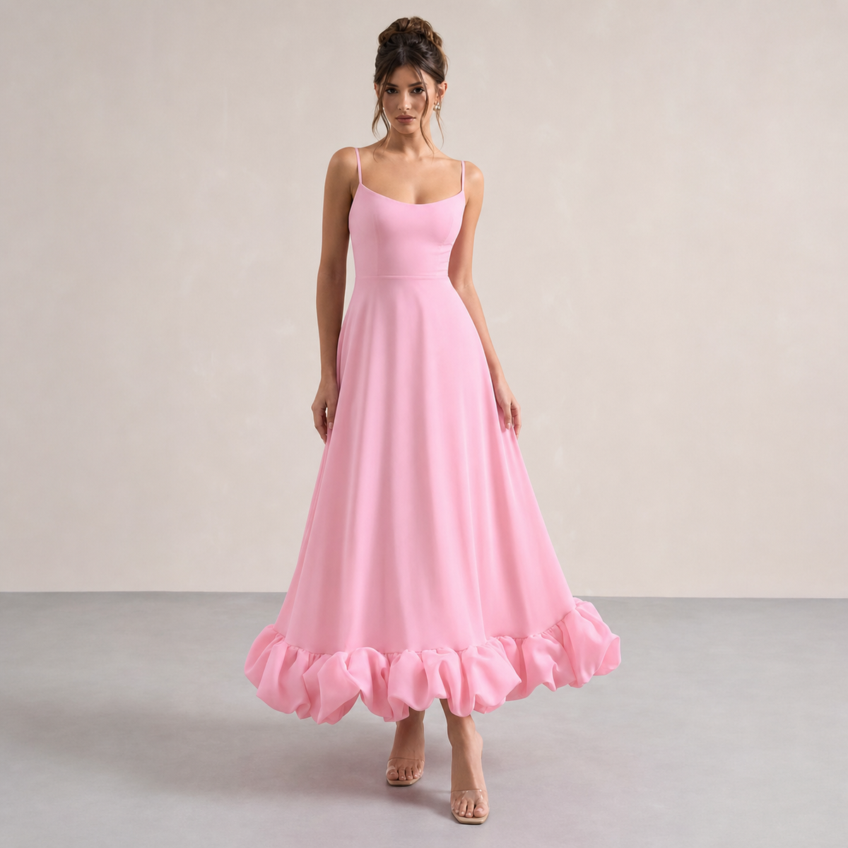 Scoop Neck Strappy Ruffle Hem A-Line Midi Dress 10