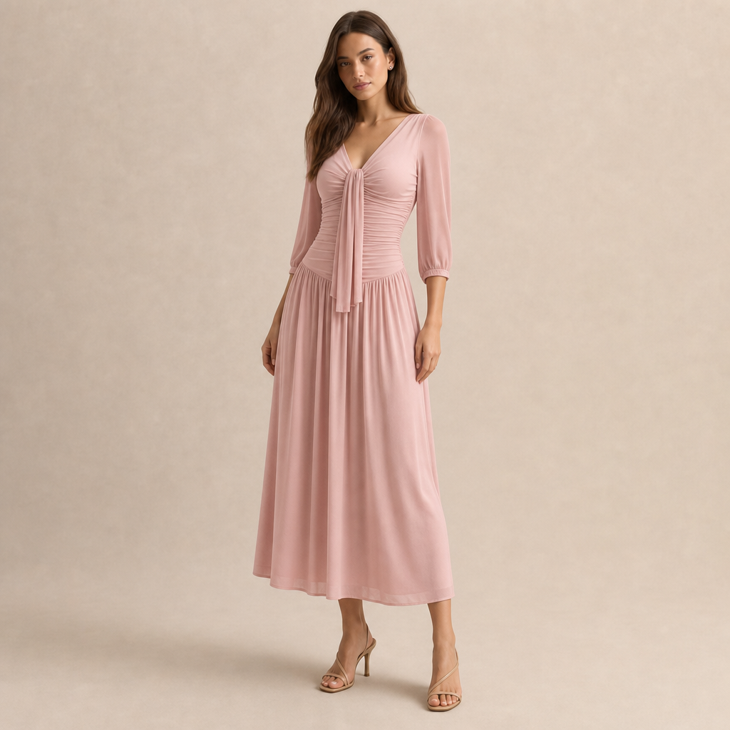 V-Neck Mesh Sleeve Tie Front Ruched Midi Dress 4