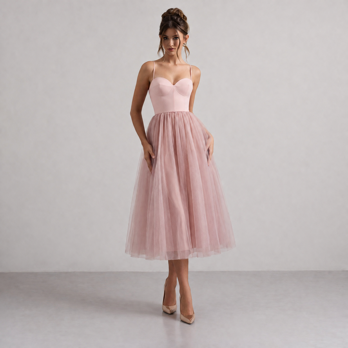 Sweetheart Strappy Corset Split Tulle Midi Dress 10