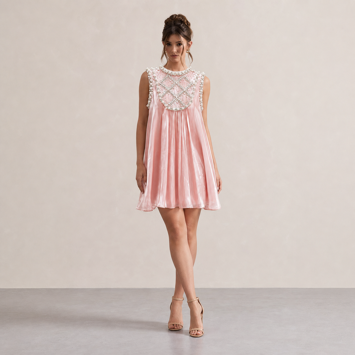 Pearl Beaded High Neck Pleated Swing Mini Dress