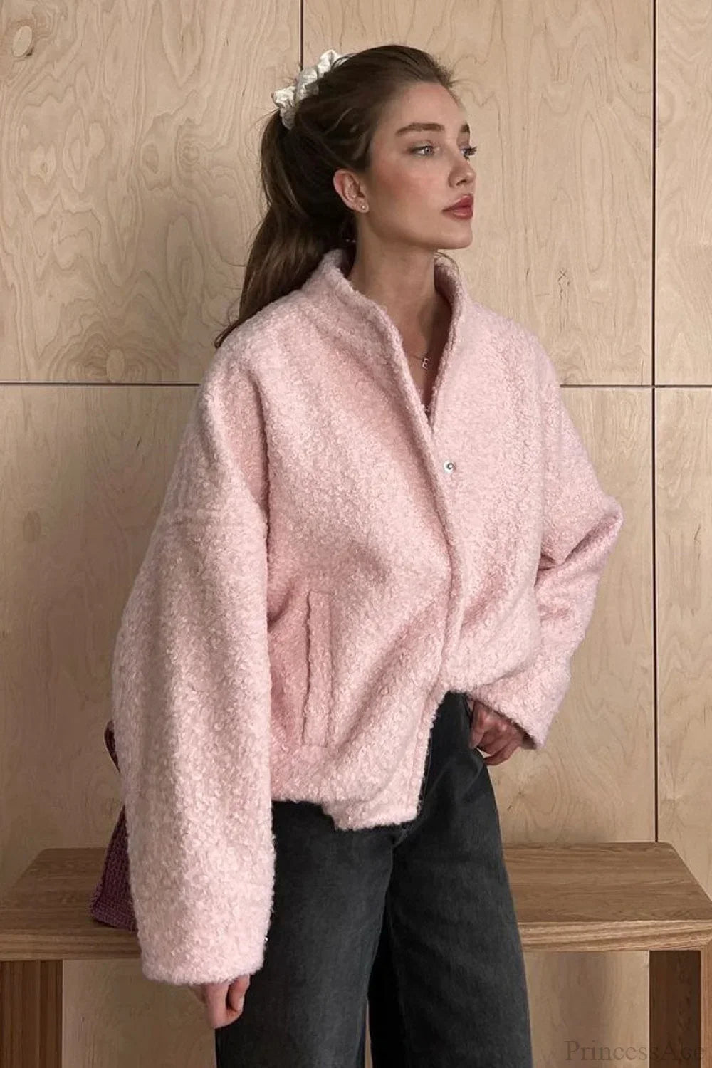 Pink Casual Stand Collar Fleece Jacket 2