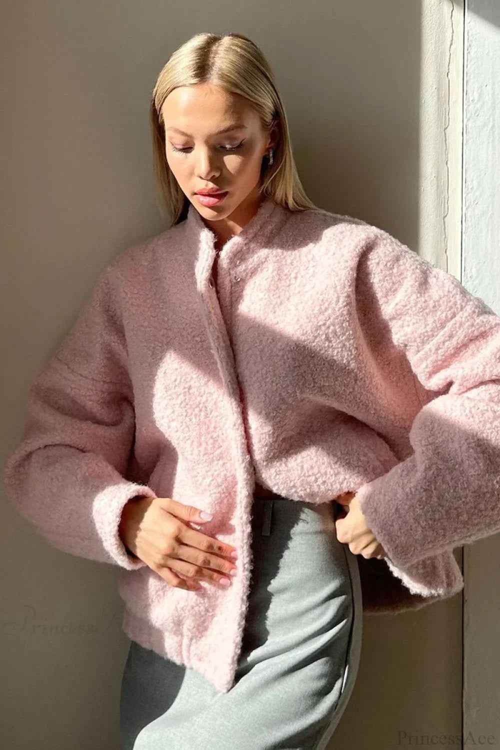 Pink Casual Stand Collar Fleece Jacket 3
