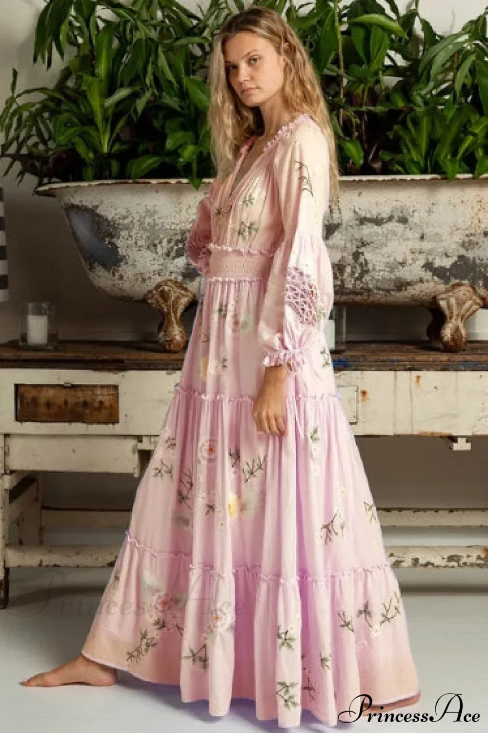 Pink Embroidery Floral Boho Long Sleeve Dress