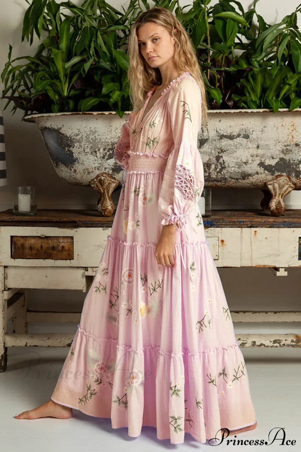 Pink Embroidery Floral Boho Long Sleeve Dress Purple / S