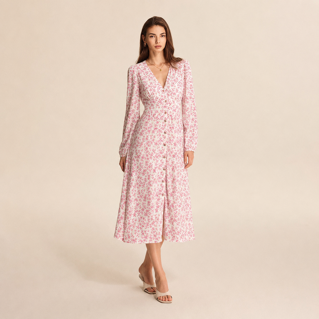 V-Neck Long Sleeve Button Front Floral Maxi Dress 7