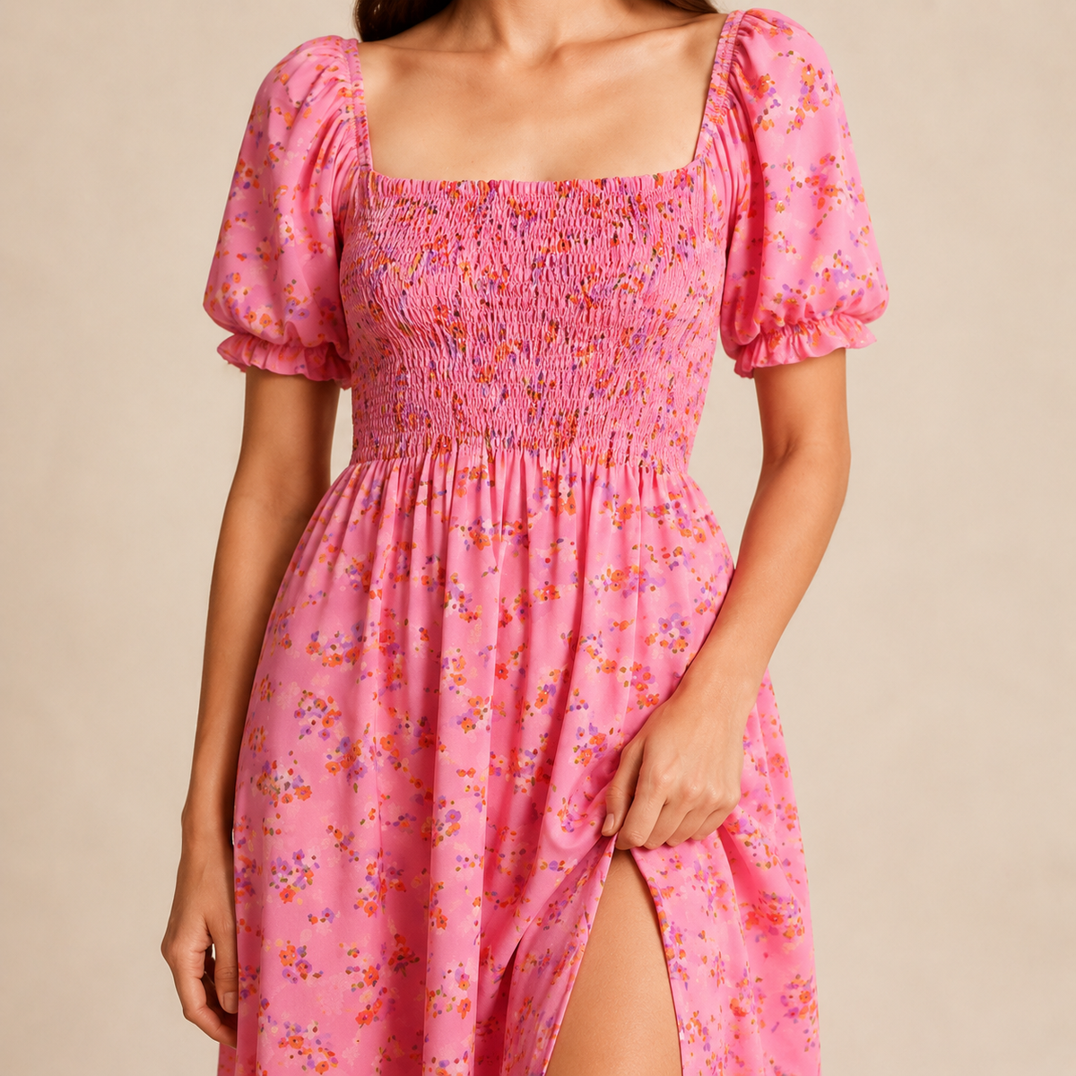 Floral Square Neck Puff Sleeve Smocked High Split Midi Dress 18