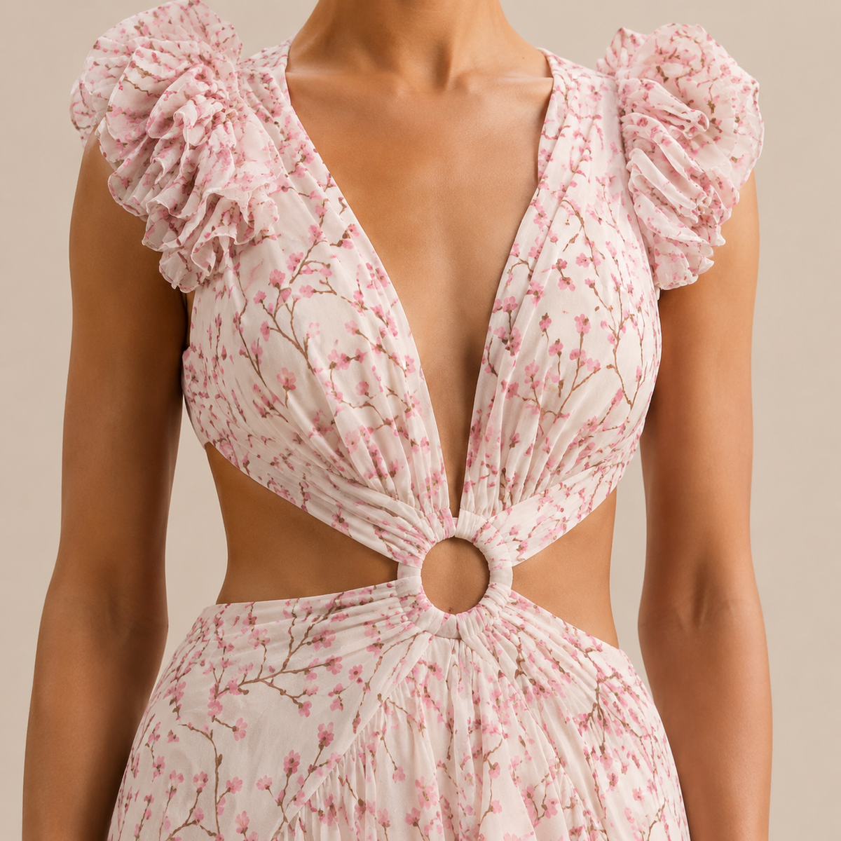 Plunge Ruffle Strap Cut Out Floral High Low Maxi Dress 2