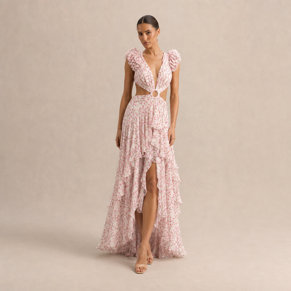 Plunge Ruffle Strap Cut Out Floral High Low Maxi Dress