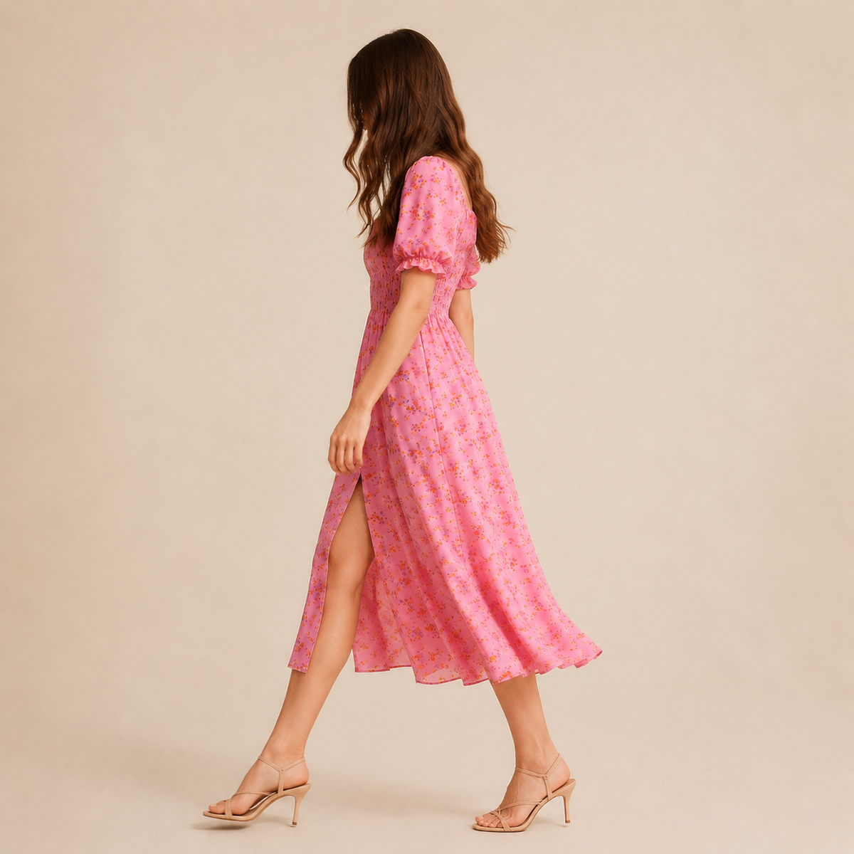 Floral Square Neck Puff Sleeve Smocked High Split Midi Dress 20