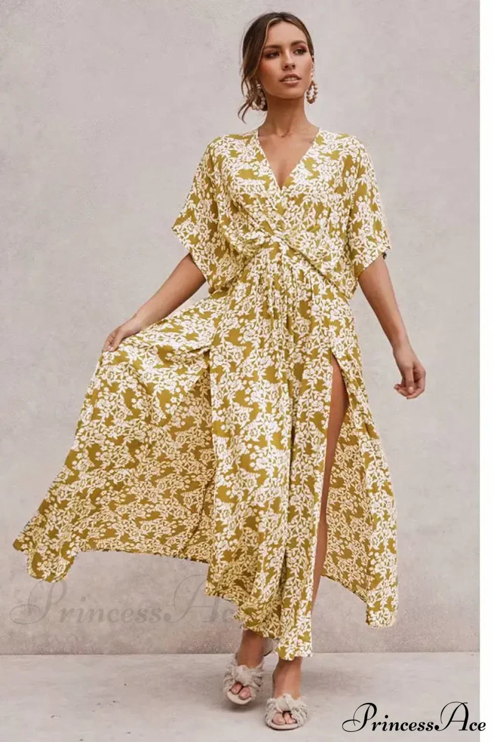Pink Floral Maxi Dress Sexy Deep V-neck Side Split Boho Dress Yellow / S bohodress-250126