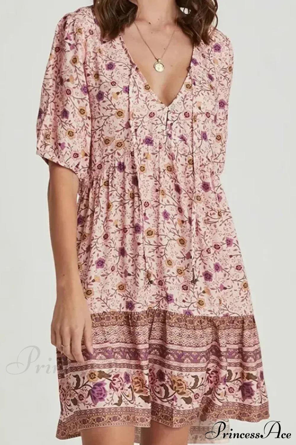 Pink Floral Print Robe A-line Mini Dress Women Beach Boho Summer Dress Pink / S bohodress-250126