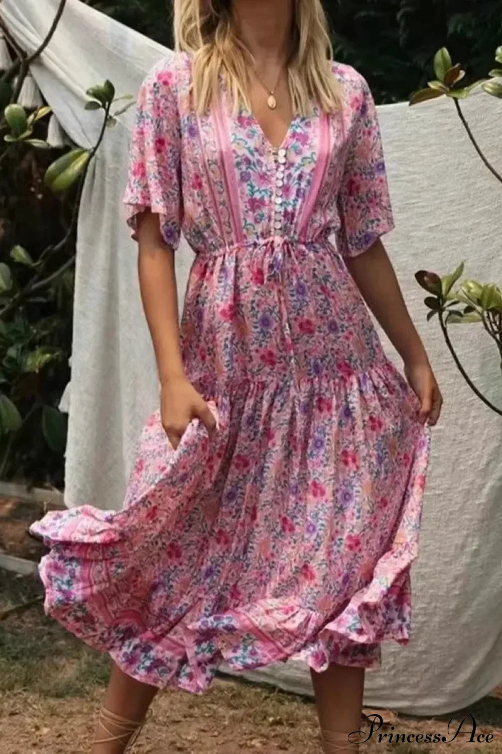 Pink Floral Print V-neck Tassel Rayon Vacation Maxi Boho Dress Pink / S bohodress-250126