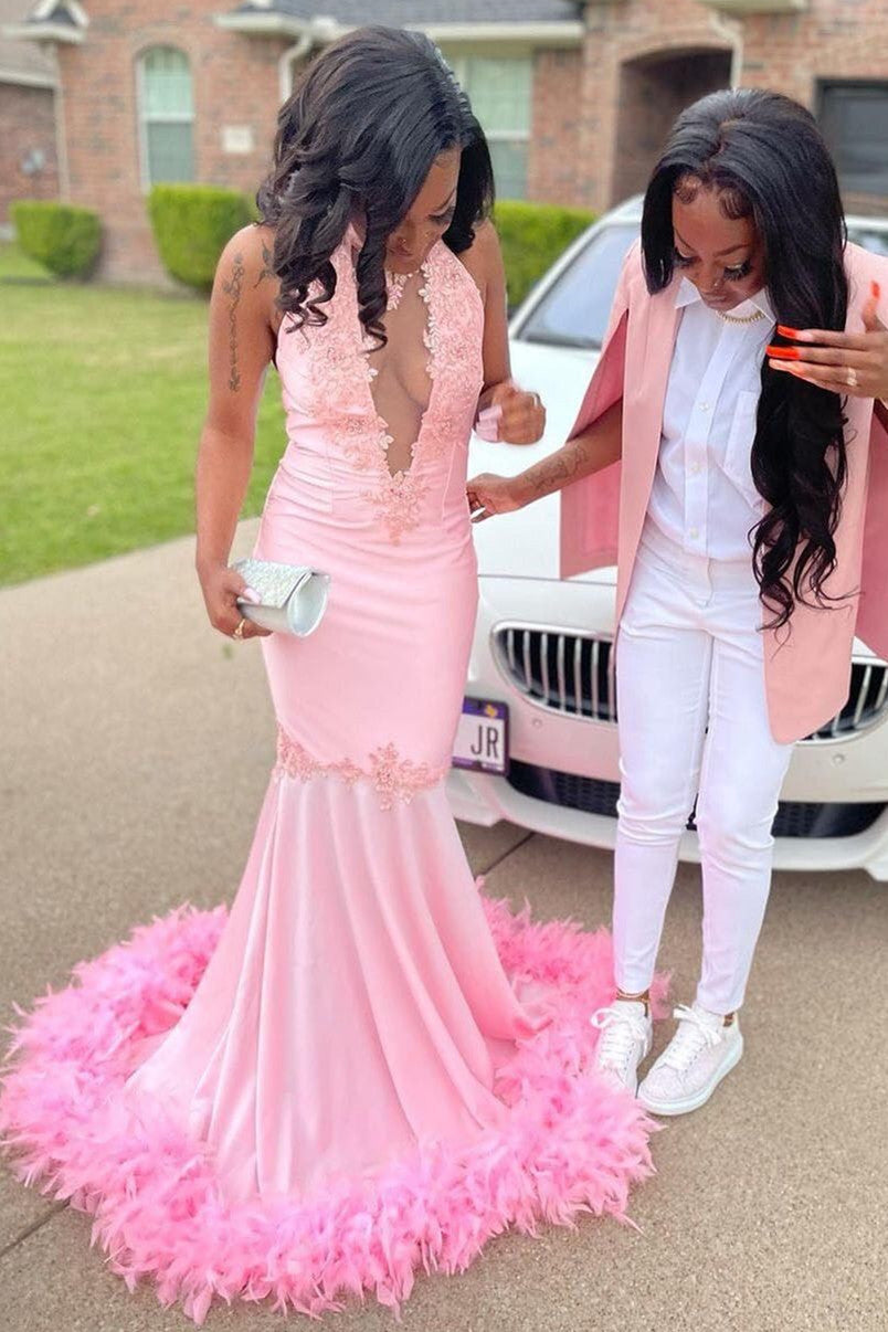 Pink Halter Gold Sequins Prom Dresses Mermaid Feather Evening Dress