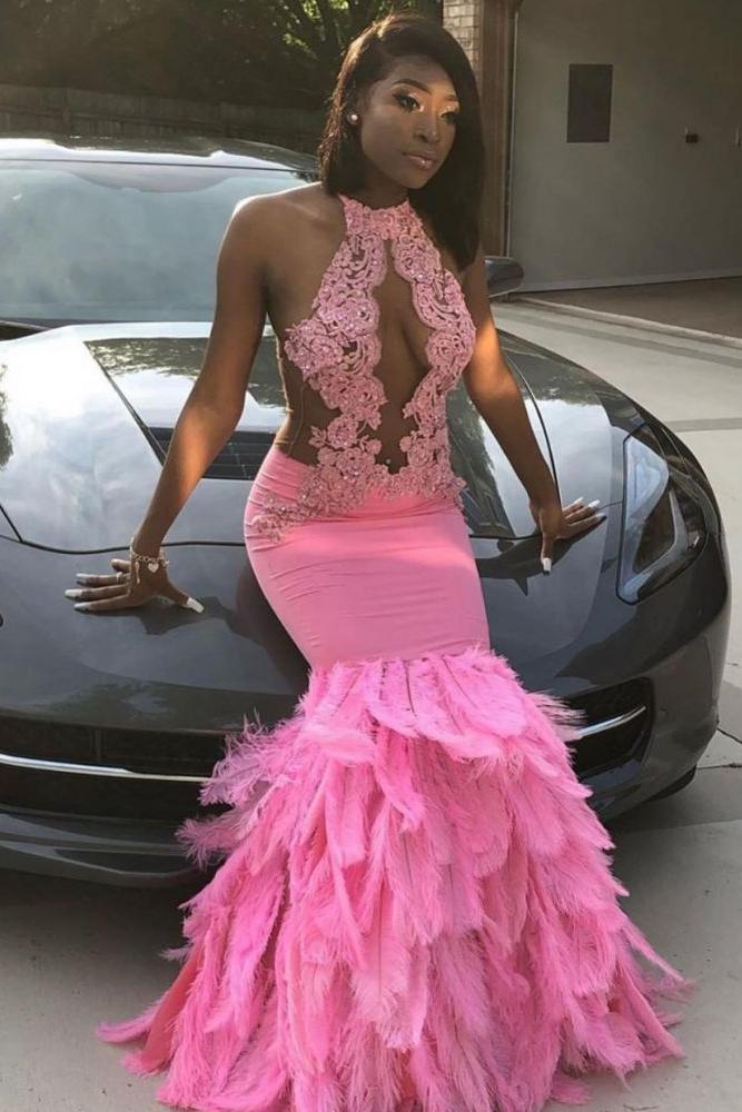 Pink Halter Mermaid Feather Prom Party GownsAppliques Evening Dressing