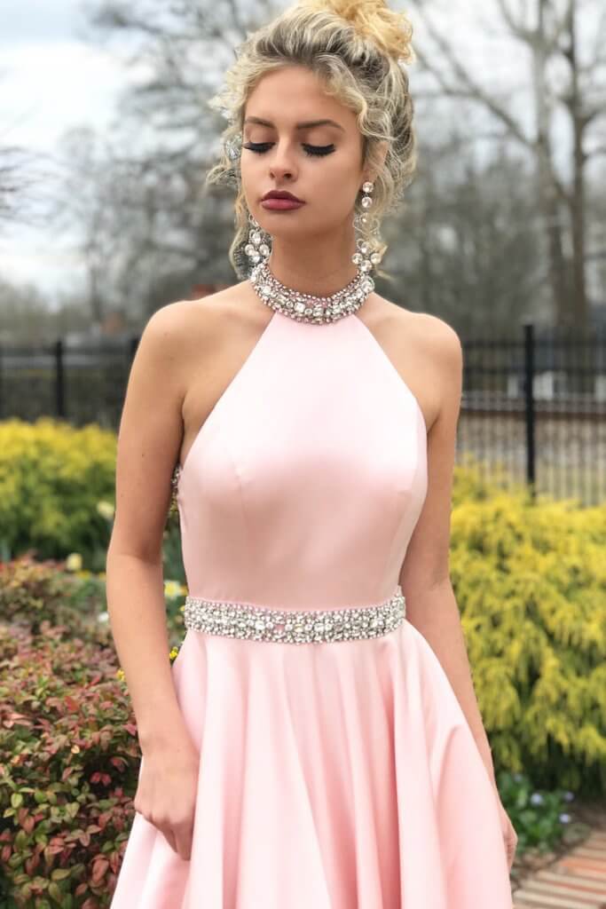 Pink Halter Sleeveless Prom Dress Long With Crystals - Fashionpara