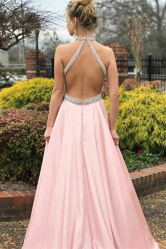 Pink Halter Sleeveless Prom Dress Long With Crystals - Fashionpara