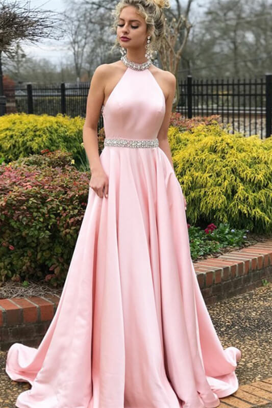 Pink Halter Sleeveless Prom Dress Long With Crystals - Fashionpara