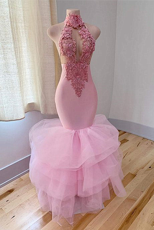 Pink High Neck Prom Dress Mermaid Sleeveless With Appliques - Fashionpara