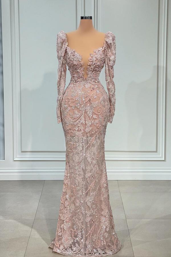 Pink Long Sleeves Evening Dress Mermaid With Lace Beadings - Fashionpara