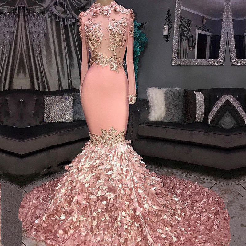 Pink Long Sleeves Mermaid Prom Dress With Appliques - Fashionpara