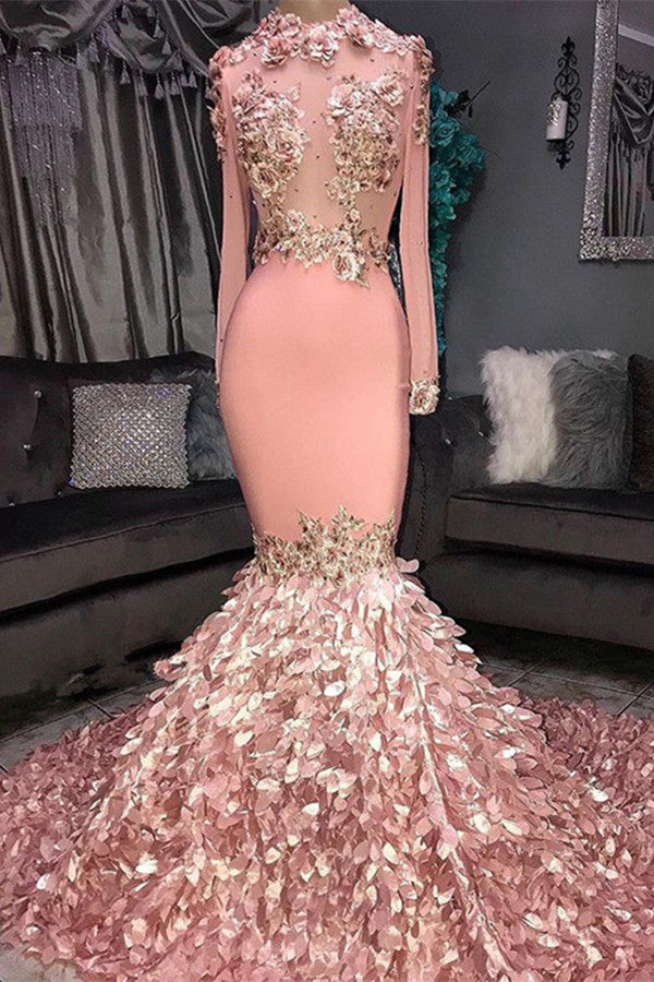 Pink Long Sleeves Mermaid Prom Dress With Appliques - Fashionpara
