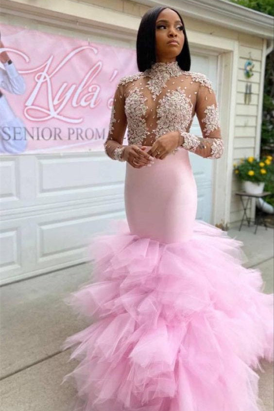 Pink Long Sleeves Prom Dress Mermaid Tulle Ruffles With Appliques - Fashionpara