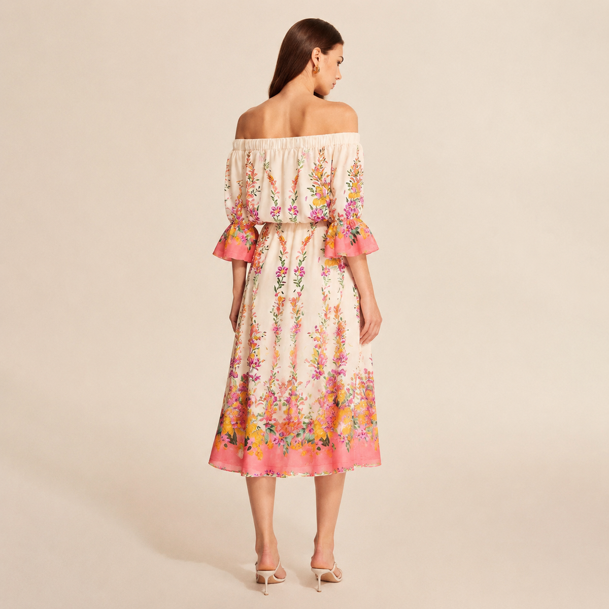Floral Off Shoulder Bell Sleeve A-Line Midi Dress 18
