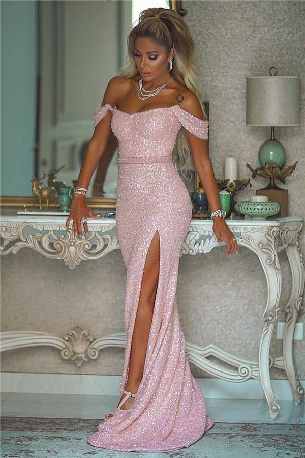 Pink Sequins Mermaid Prom Dress Off-the-Shoulder Slit Party Dress - Fashionpara