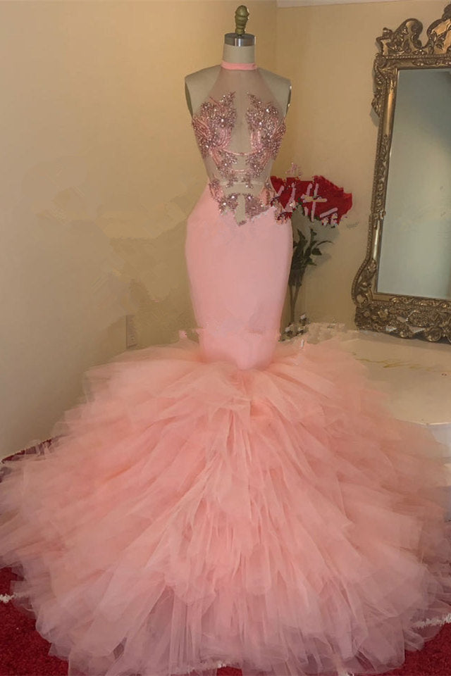 Pink Sleeveless Prom Dress Mermaid High Neck Tulle With Appliques - Fashionpara