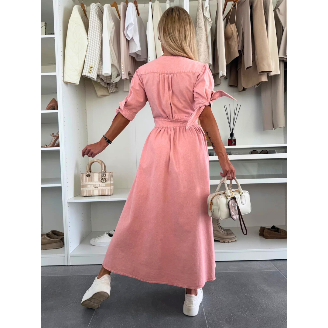 V-Neck Puff Sleeve Button Front High Split Midi Dress 3