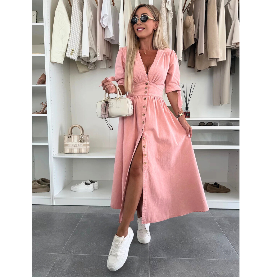 V-Neck Puff Sleeve Button Front High Split Midi Dress