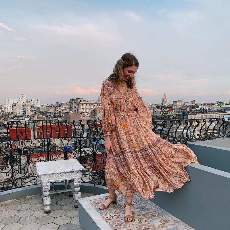 Floral Print V-Neck Long Sleeve Tiered Maxi Dress 10