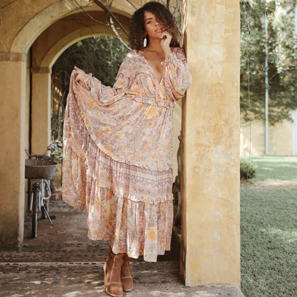Floral Print V-Neck Long Sleeve Tiered Maxi Dress 11