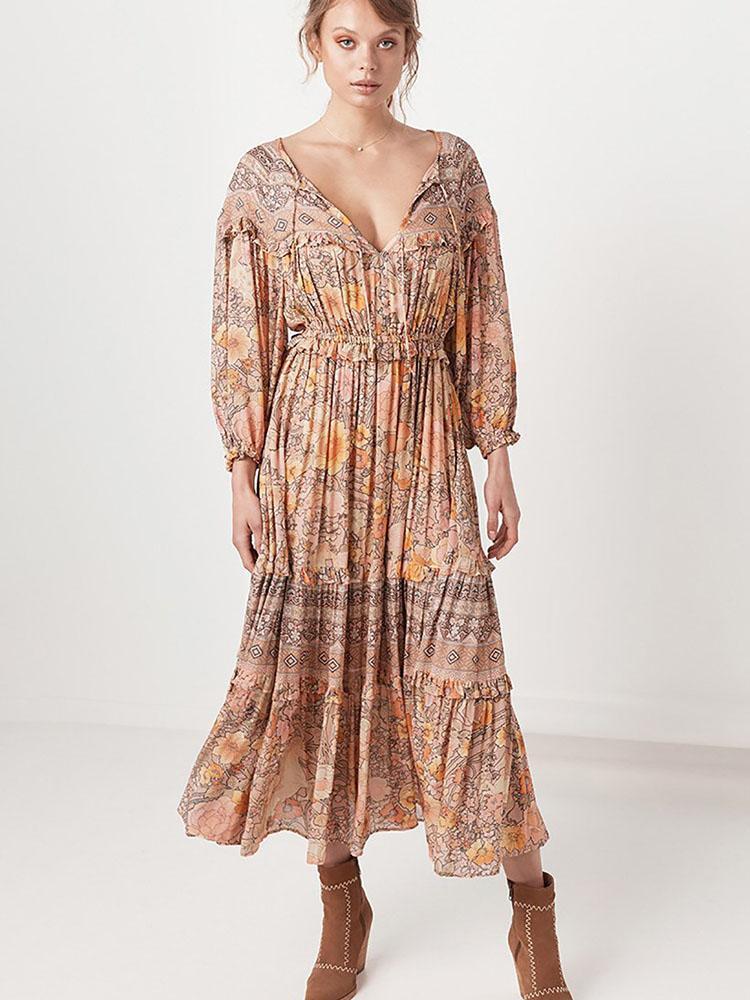 Floral Print V-Neck Long Sleeve Tiered Maxi Dress 12