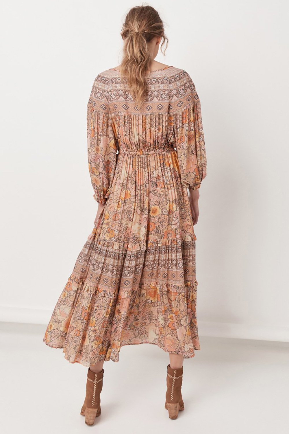 Floral Print V-Neck Long Sleeve Tiered Maxi Dress 13